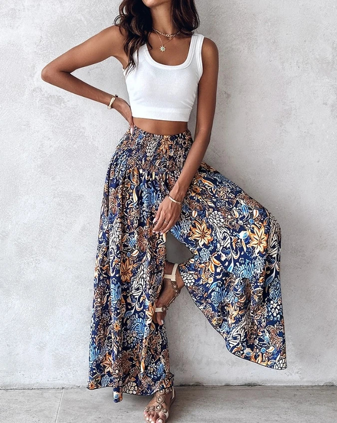 SpringSummer Womens Vacation Trousers Latest Casual Vintage Boho Tribal Floral Print High Waist Shirred Wide Leg Pants 250717