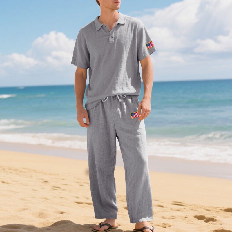 Summer New Linen Short Sleeve Long Pants Loose Turn-Down Collar Casual Independence Day Sports Set