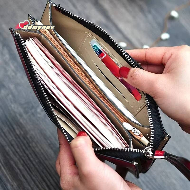 Womens Vintage Oil Wax Leather Zipper Clutch Female Large Capacity Coin Purse Ladies Wristband Simple Card Holder Wallet ddmynov
