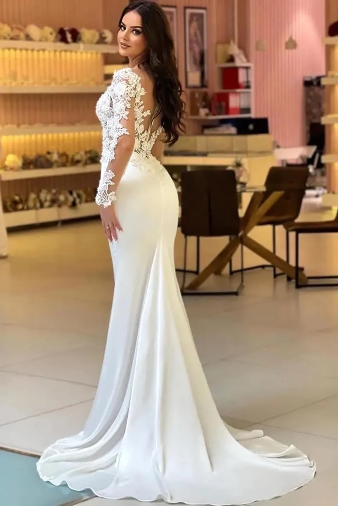 Elegant Modest Long Sleeve Sheer Lace Mermaid Wedding Dress with Button-Covered Back - Arabian Style Customizable Bridal Gown