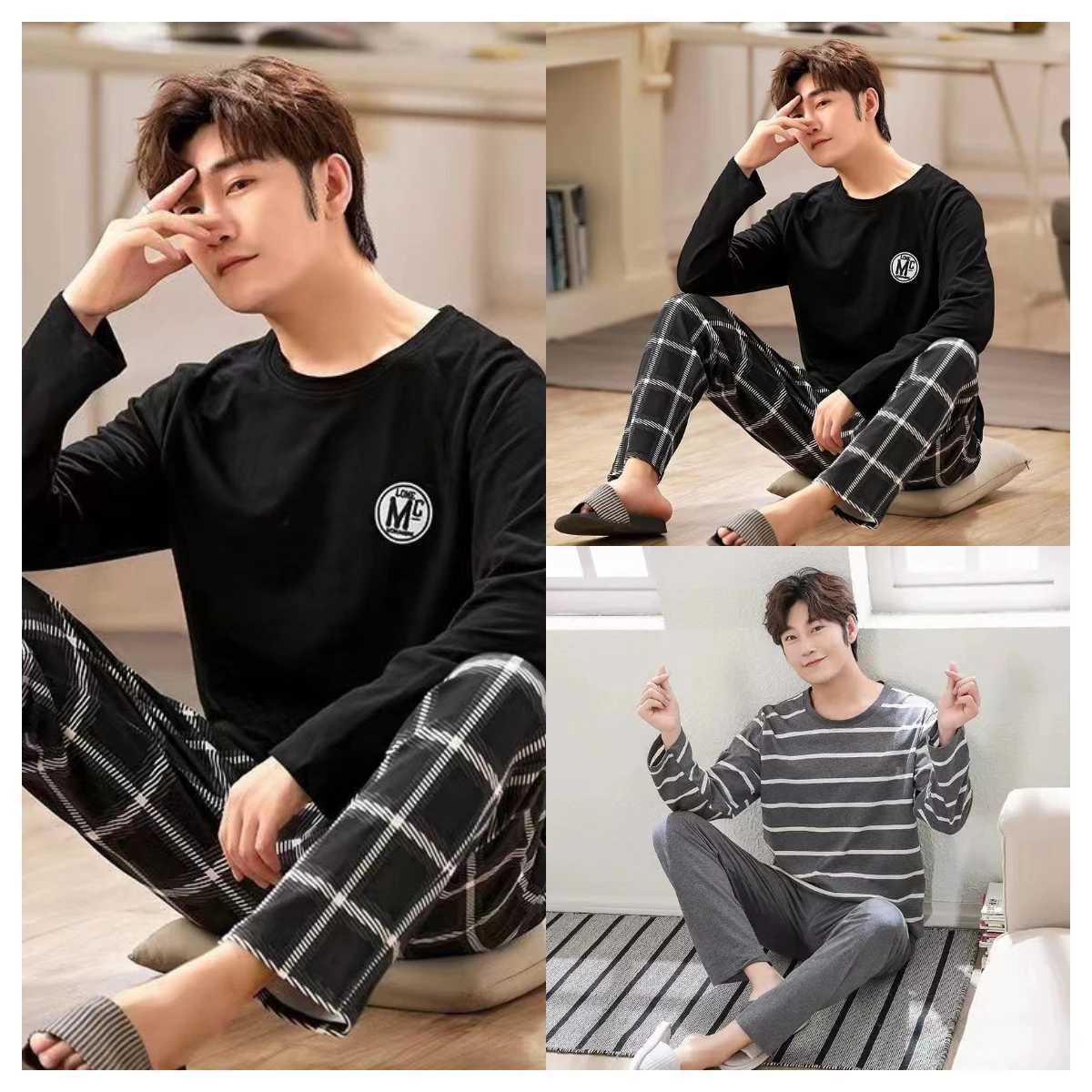 Summer Mens Pajamas 2024 New Long-Sleeved Large Size Youth Home Wear Suit Black Plaid Trousers Two-Piece Set Can Be Worn Outdoors W250717
