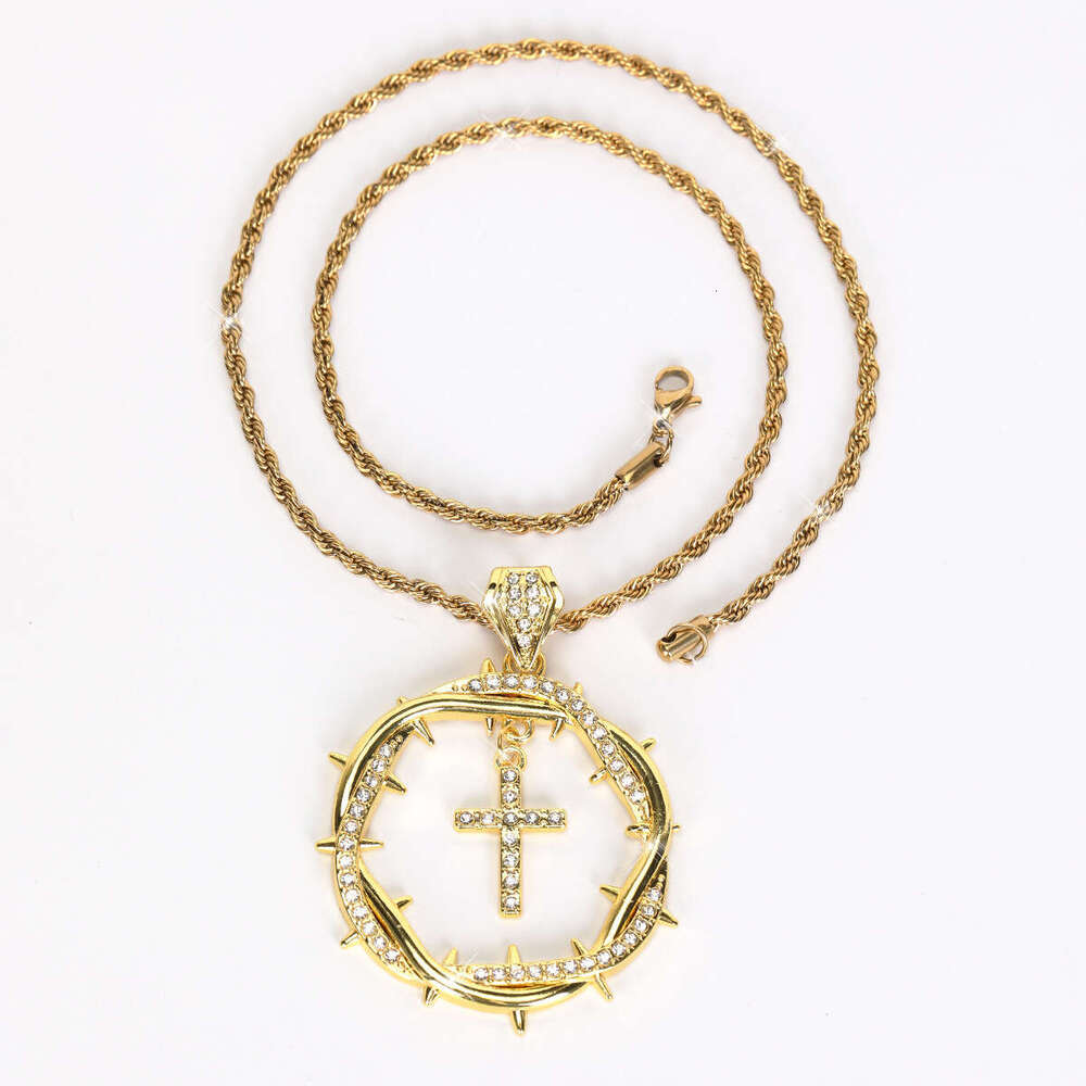 New Round Thorn Hip Hop Hollow Inlaid Rhinestone Virgin Mary Cross Pendant Necklace