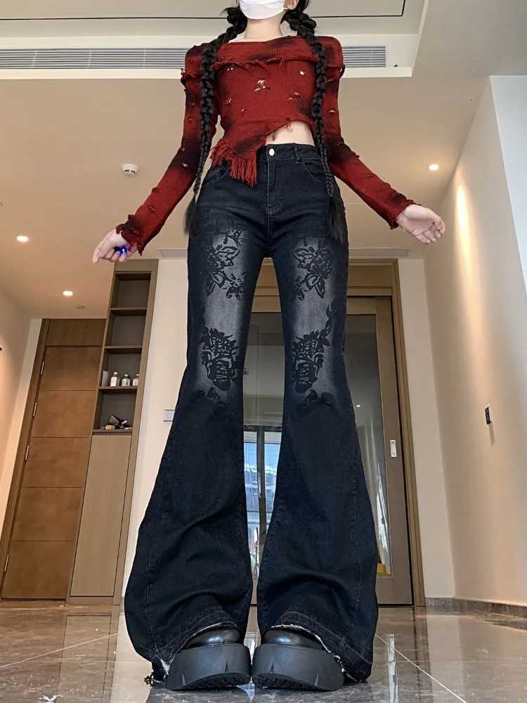 Womens Vintage Full Length Denim Trouser Floral Print Grunge 2000s Street Retro High Waist Jeans Casual Trashy Y2K Emo Pants R250716