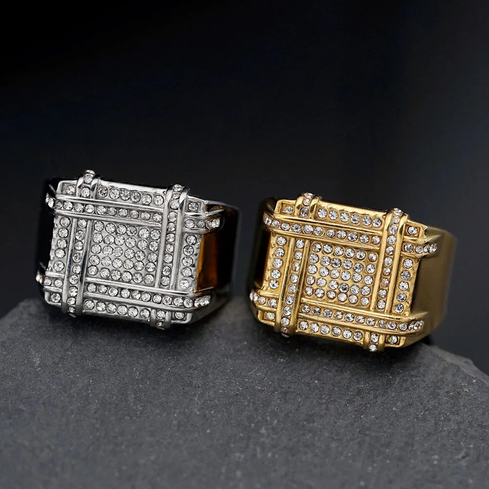 European And American Stainless Steel Gold-plated Full Diamond Square Hip Hop Mens Ring 250716