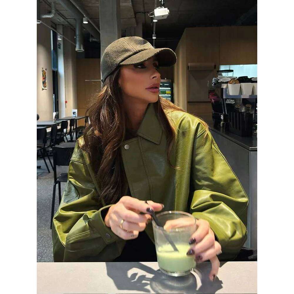 Fashion Lapel Collar Green Pu Leather Short Jackets For Women Locomotive Button Long Sleeve Coats Female 2024 Autumn Office Wear