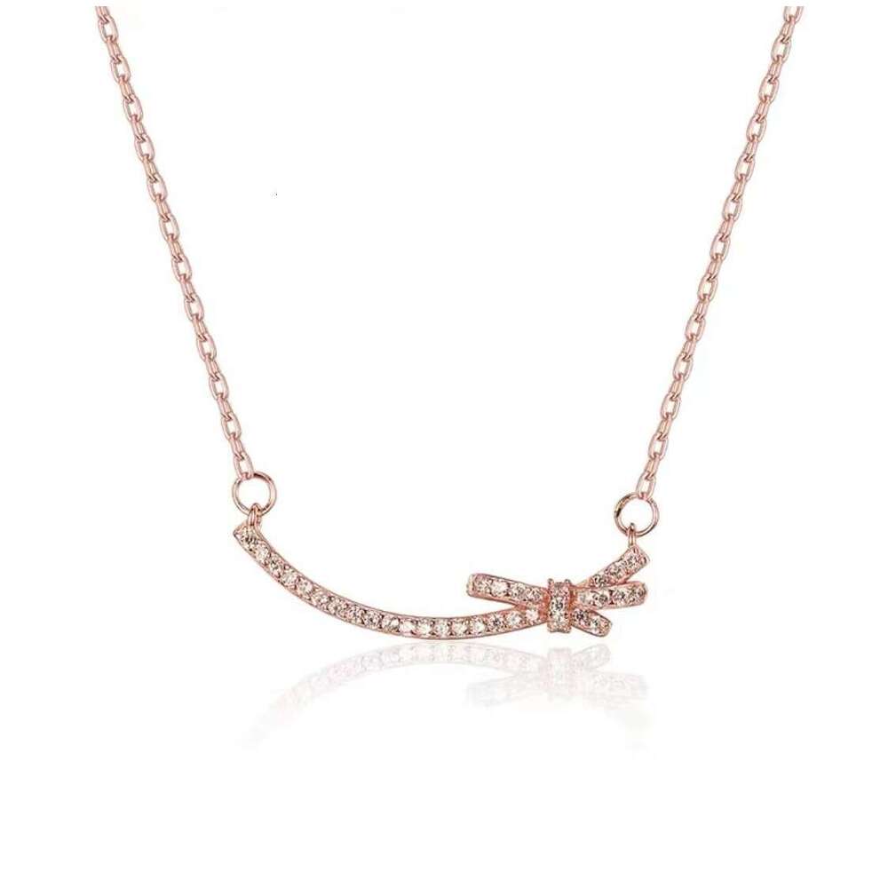 Simple Elegant Full Bowknot Smile Necklace for Women, Light Style Row Dia Line Pendant Clavicle Chain Live Streaming 5de
