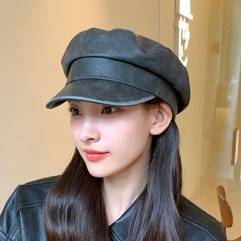 Womens Casual Military Cap PU Leather Flat Octagonal Captain Trucker Hat Vintage Artistic Painter Hip Hop Style 250716