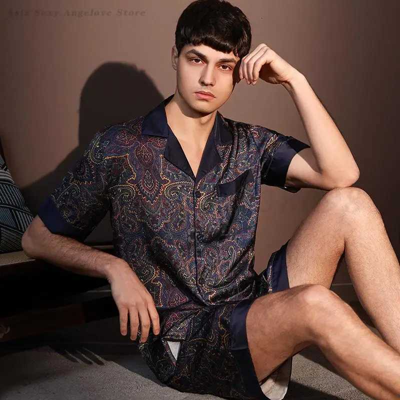 Large Size 3XL Men Pajama 2Pcs Set Summer New Short Sleeve Shorts Pajama Set Loose Ice Silk Satin Sleepwear Mens Home Clothes W250717