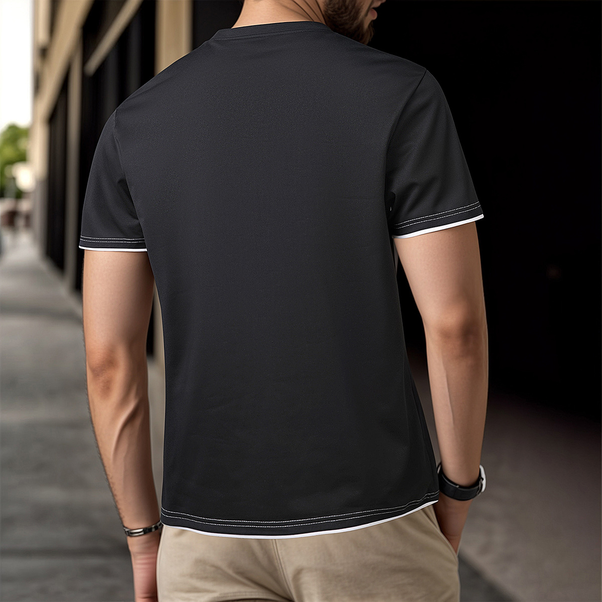 Classic Round Neck Slim-Fit Short Sleeve Tee with Button designer t shirt-Accented Color Block Design designer t shirt