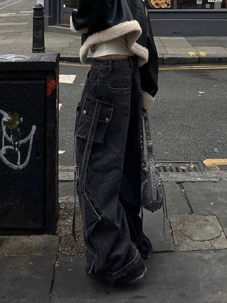 2024 Punk Style Y2K Streetwear Washed Black Baggy Cargo Jeans Pants For Women Designer Clothes Wide Leg Lady Trousers Womens Clothing R250716