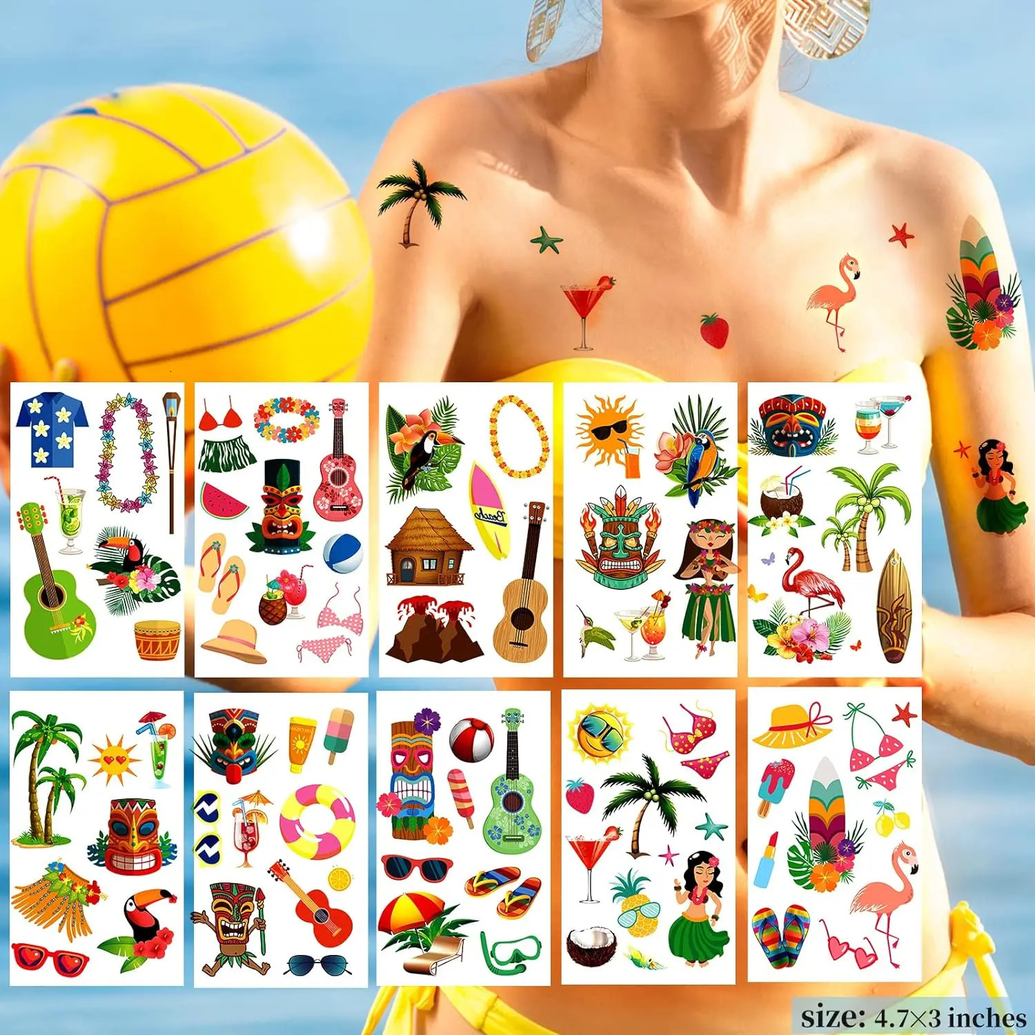 10 Sheets Temporary Tattoos Waterproof For Summer Pool Party Beach Activities Gifts Holiday GameArm Leg Shoulder 250714
