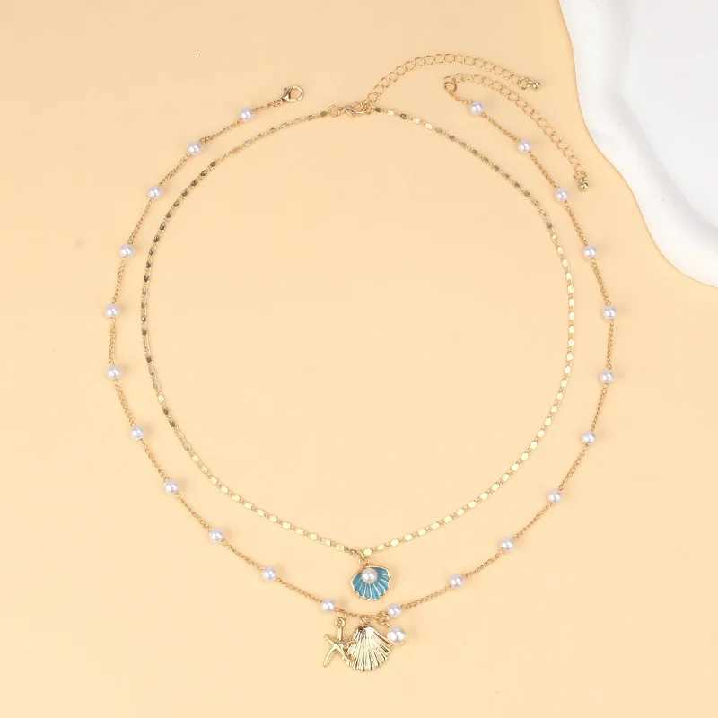 2 Pcs Gold Plated Starfish Shell Pendant Necklace Summer Imitation Pearl Necklaces For Women Girls Ocean Beach Jewelry XJ250717