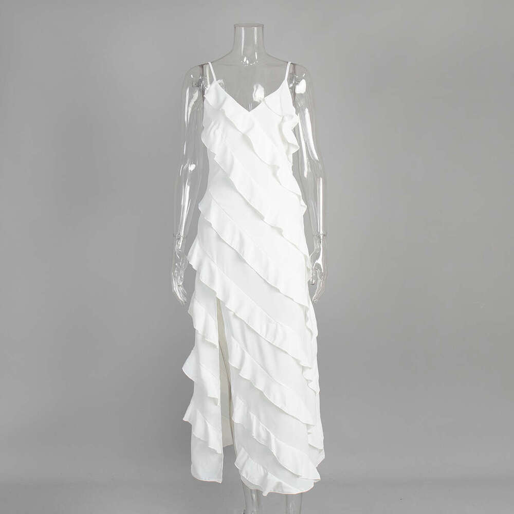 Patchwork Ruffle Strap Summer New Sexy Split Slim Fit Long Dress B5