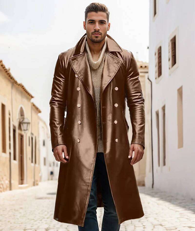 2024 Spring And Autumn Coat Long Windbreaker Men's Double-Breasted Leather Jacket