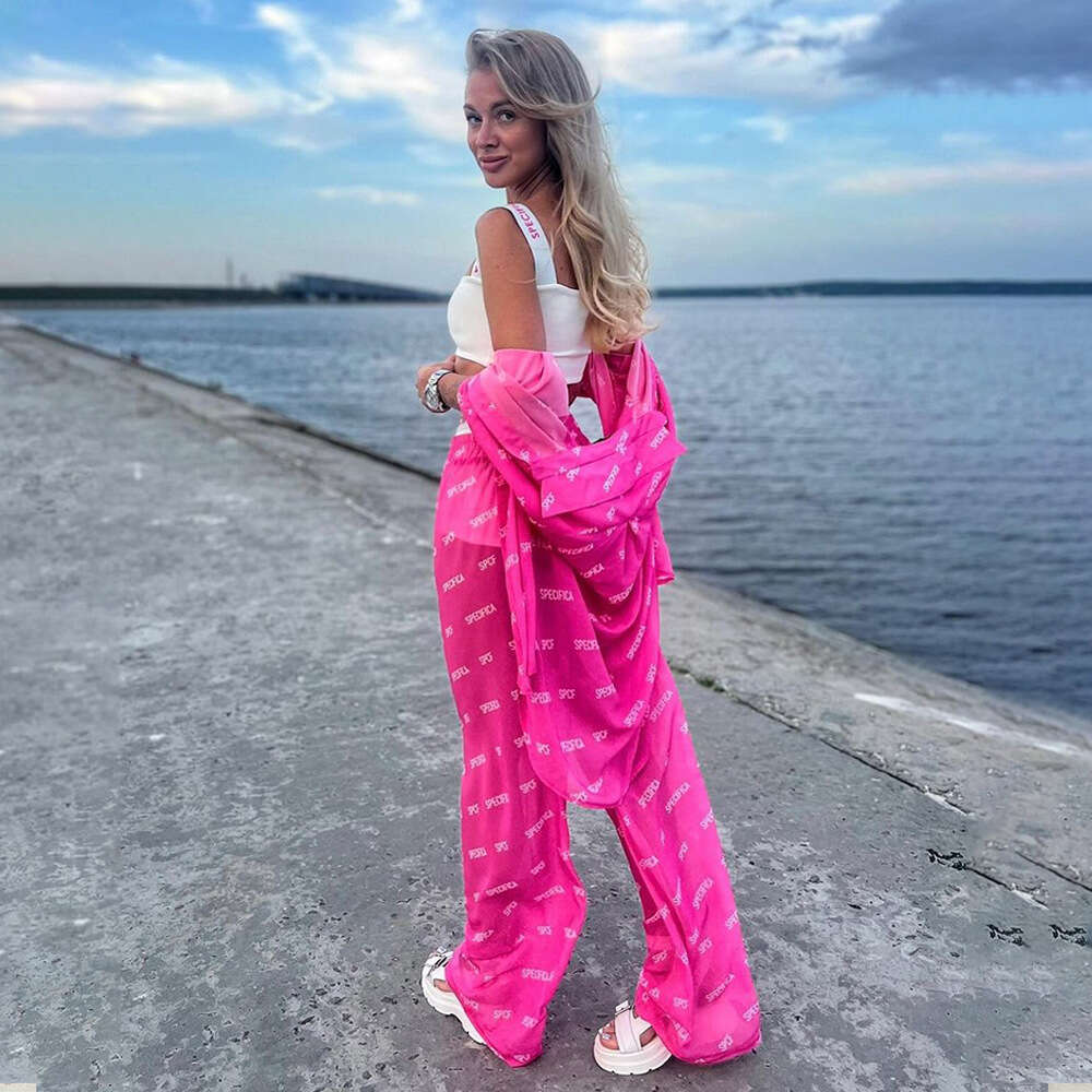 Printed Chiffon Long Pants Spring Summer New Sun Protection Shirt Set Casual Outfit For Women B5
