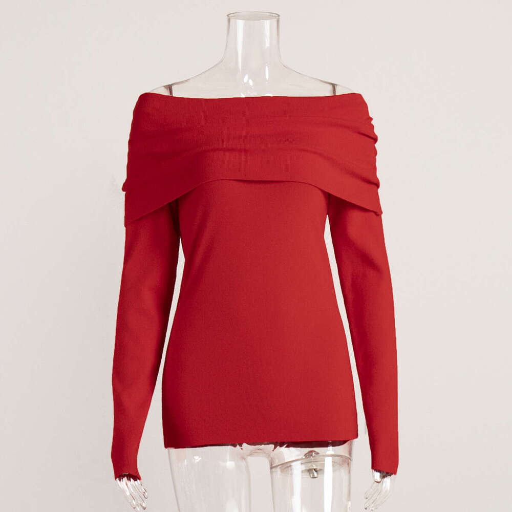 Women's Sweater Autumn Winter Long Sleeve Knitted Base Shirt Off-Shoulder Sexy Slim Fit Top B5