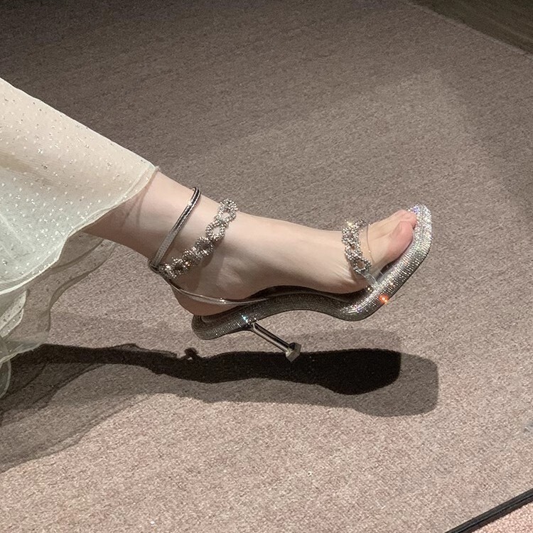 Beautiful Stiletto Heels Petite Women, Stunning Sandals for Summer 2025, Gentle Rhinestone Silver Shoes to Pair with Dresses ddmysaturn