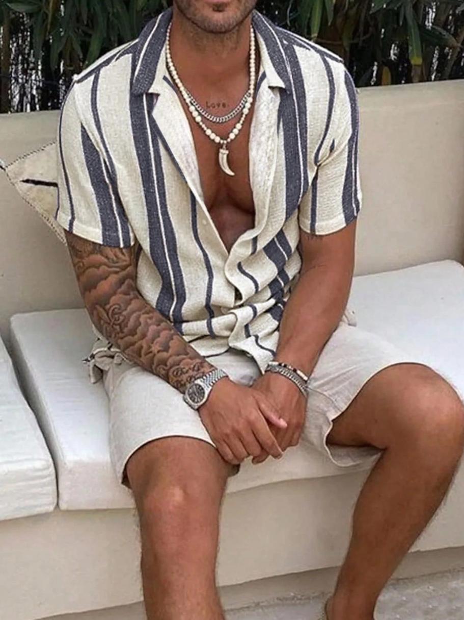 2025 Men Spring/Summer Casual Holiday Striped Button-Down Short Sleeve Shirt
