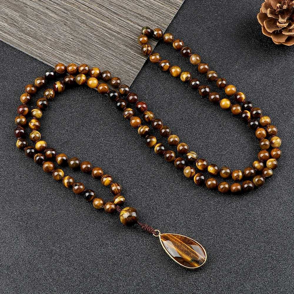 Vintage Design Tiger Eye Stone Necklace Handmade Knotted 6mm 108 Mala Beads Necklaces Drop Pendant Women Men Yoga Jewelry Gifts XJ250717