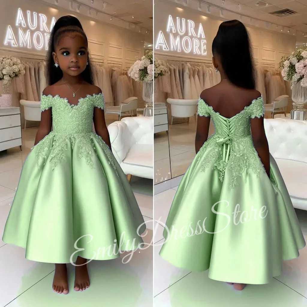 Customized Sky Blue Flower Girl Dress For Wedding Puffy Satin Lace Applique Kid Birthday Party First Communion Ball Gown Z250716