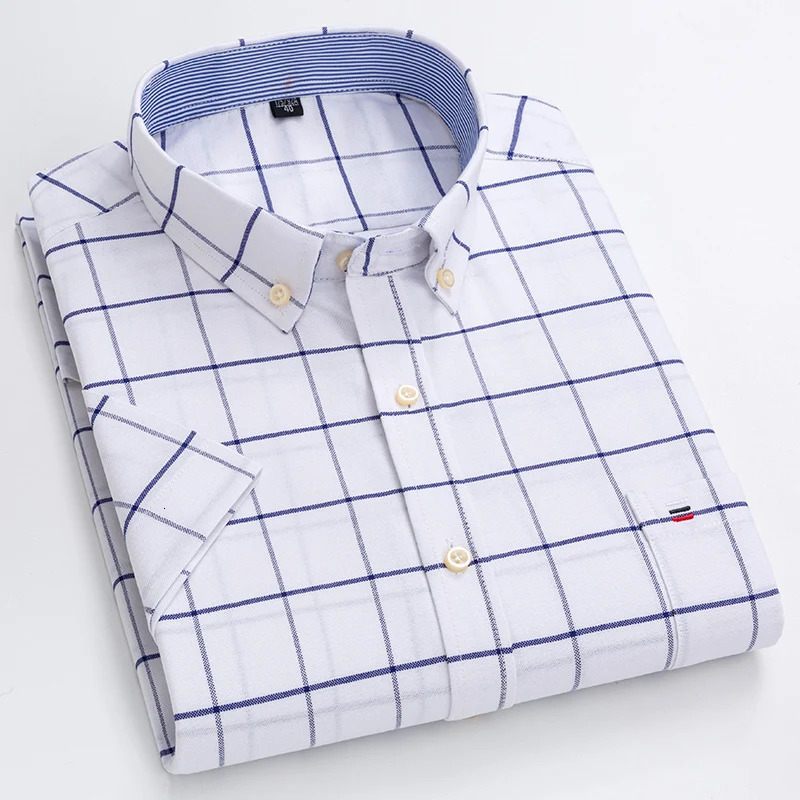 Fashionable Mens Shirt Short Sleeve 100 Cotton Oxford Stripe Plaid Formal Casual Social Available in Large Sizes 250708