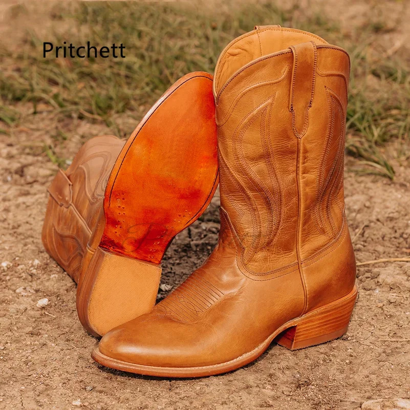 Totem Western Cowboy Boots for Men Vintage Mid-Calf Boots Pointed Toes Classical Mens Shoes Genuine Leather Winter Booties 250715