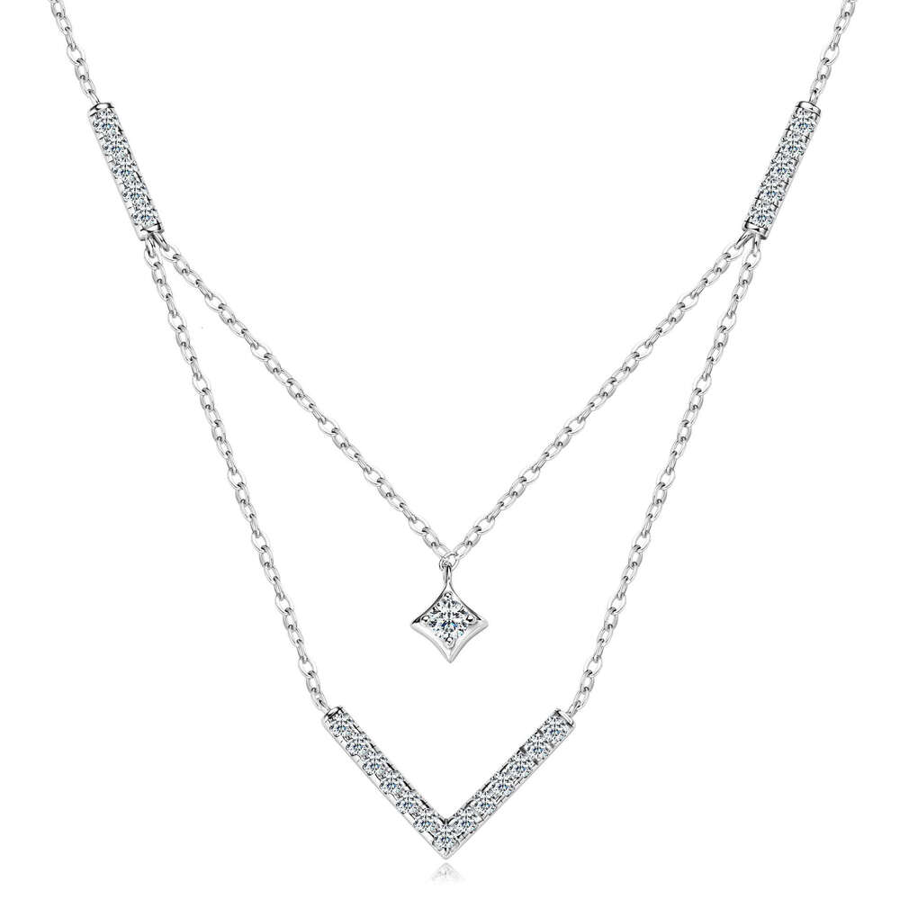 Double Layer Stacked V-Shaped Moissanite Necklace For Women Versatile Niche Design Ins Style Pure Sier Clavicle Chain Cf2