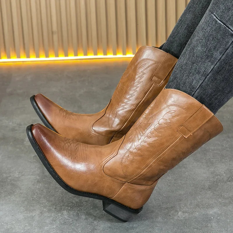 Western Embroidered Leather Boots Spring Autumn Mens Mid-Calf Slip-On Cowboy Boots Anti-Slip Wood Base Knight Point Toe 250715