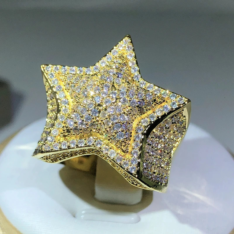 925 Silver Classic Yellow Gold Five Star Zircon Ring For Women Men Big Ring Party Birthday Jewelry Gift 250716