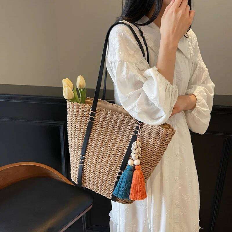 Designer Straw For Women Handmade Woven Handbag Rattan 2025 Summer Beach Shoulder Bag Female Basket Shopper Bags