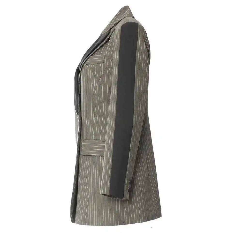 EAM Green Striped Color-Block Elegant Blazer Women New Lapel Long Sleeve Jacket Fashion Tide Spring Autumn 2025 1Dh6394