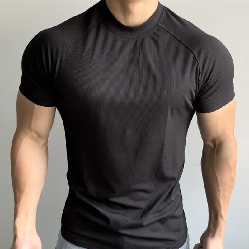 Summer Sports Outdoor Training Short-sleeved Men Slim Stretch Quick Dry Rotator Sleeve Small Neckline T-shirt Solid Color 250715
