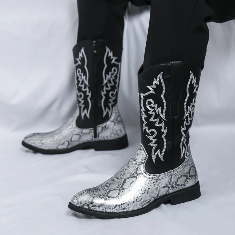 Retro Fashion Men Boots Head Snake Skin Patent Leather Winter Shoes Embroidered Western Cowboy Boots Footwear Plus Size 250715