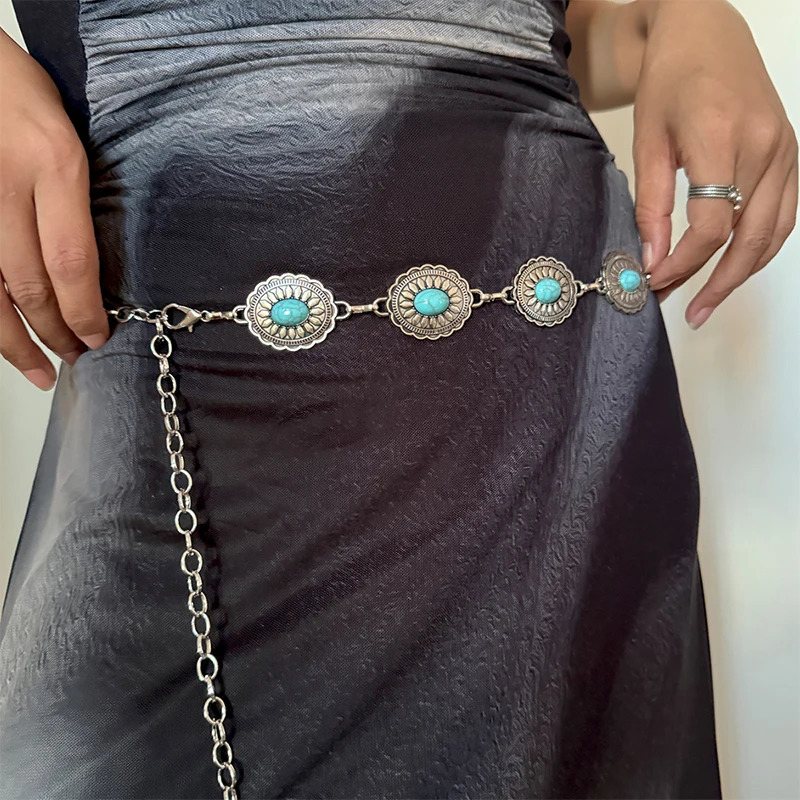 Fashion Silver Bohemian female circular waist chain blue gemstone Ellipse chain belts for women suitable for Skirts dress 250715