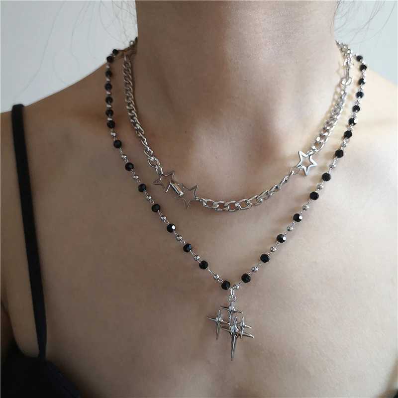Kpop Goth Vintage Cool Y2K Star Pendant Beaded Silver Color Chain Necklace For Women Men Aesthetic Grunge Emo Jewelry Accessory XJ250717