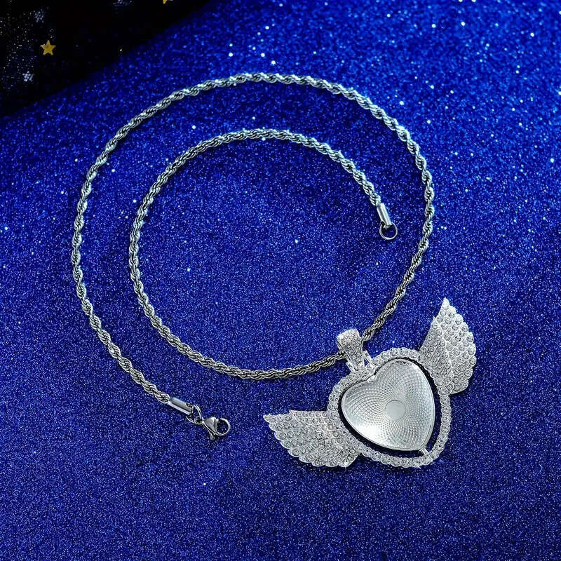 Angel Wings Heart-shaped Dia-studded Rotating Pendant Single-sided Alloy Creative Personality Necklace
