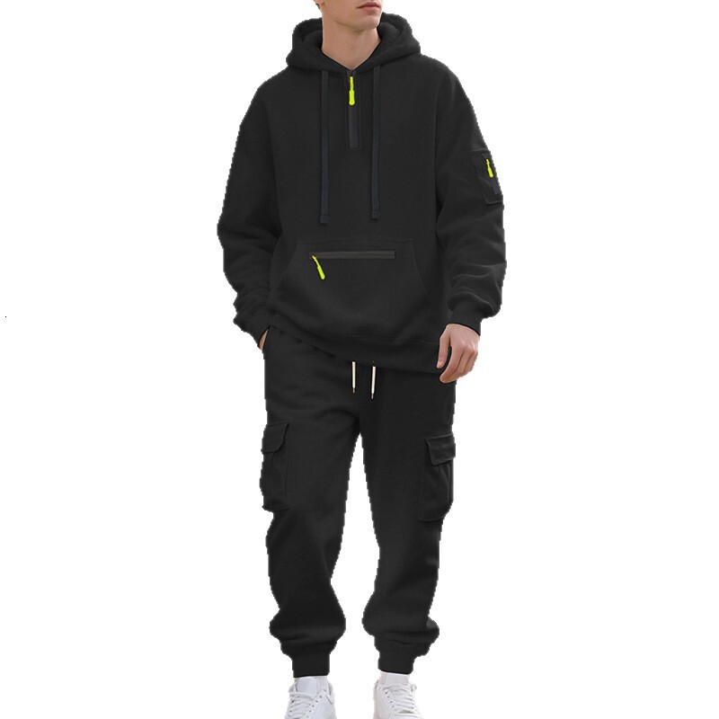 Hoodie Sweatshirt with Zipper and Multiple Pockets Pullover Men's Sports Casual Top Two-Piece Set