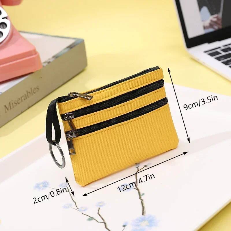 Women's 3 Zippers Canvas Purse Mini Wallet Solid Change Purses With Keychain Money Bags Coin Key Storage Bag