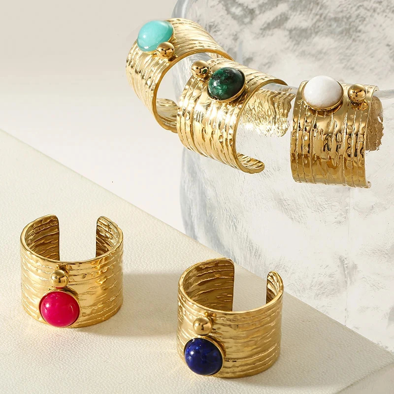 Boho Enamel Turquoise Stone Wide Rings Stainless Steel Gold Plated Hollow Multilayer Adjustable Open Rings Trend Rings for Women 250716