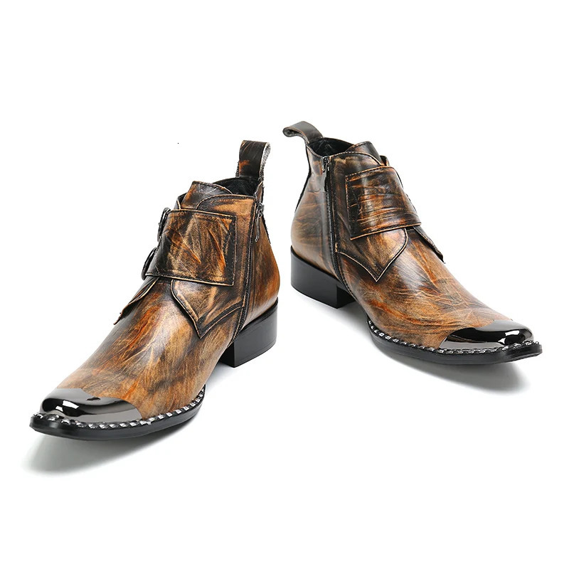 Retro Motorcycle Boots Steel Pointed High Heels Western Brown Double Buckle with Side Zipper Denim Boots for Men 250715