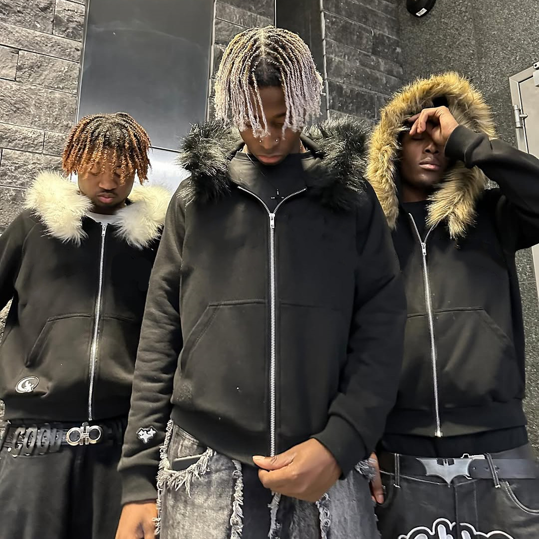Men's Hoodies Skull Printed Gothic Black Faux Fur Collar Hooded Coats Zipper Fleece Hip Hop Sweatshirts Oversized Jackets Men