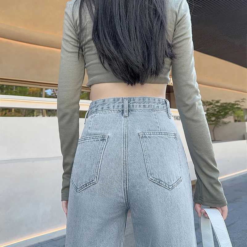 ousyu Women Jeans High Waist Wide Leg Loose Straight Adjustable Waist Denim Pants Vintage Quality Fashion Korea Trousers R250716