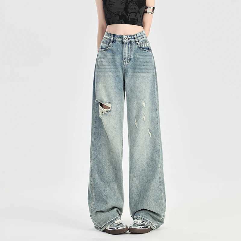 2025 Summer KSTUN Distressed Jeans Women High Waist Hip Hop Denim Pants Hollow Out Vintage Straight Girls Jeans Boyfriend Jeans R250716