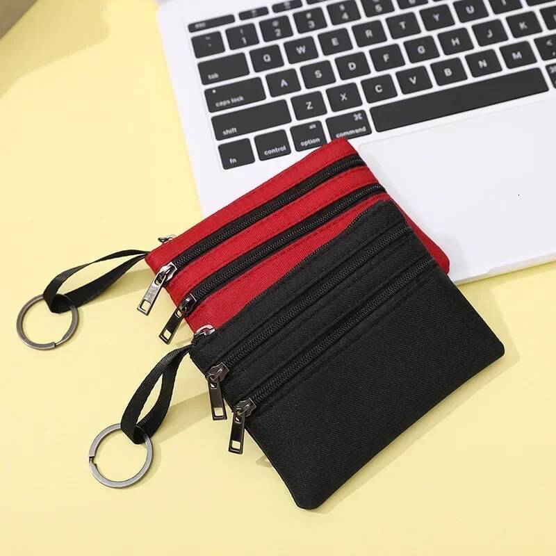 Women's 3 Zippers Canvas Purse Mini Wallet Solid Change Purses With Keychain Money Bags Coin Key Storage Bag