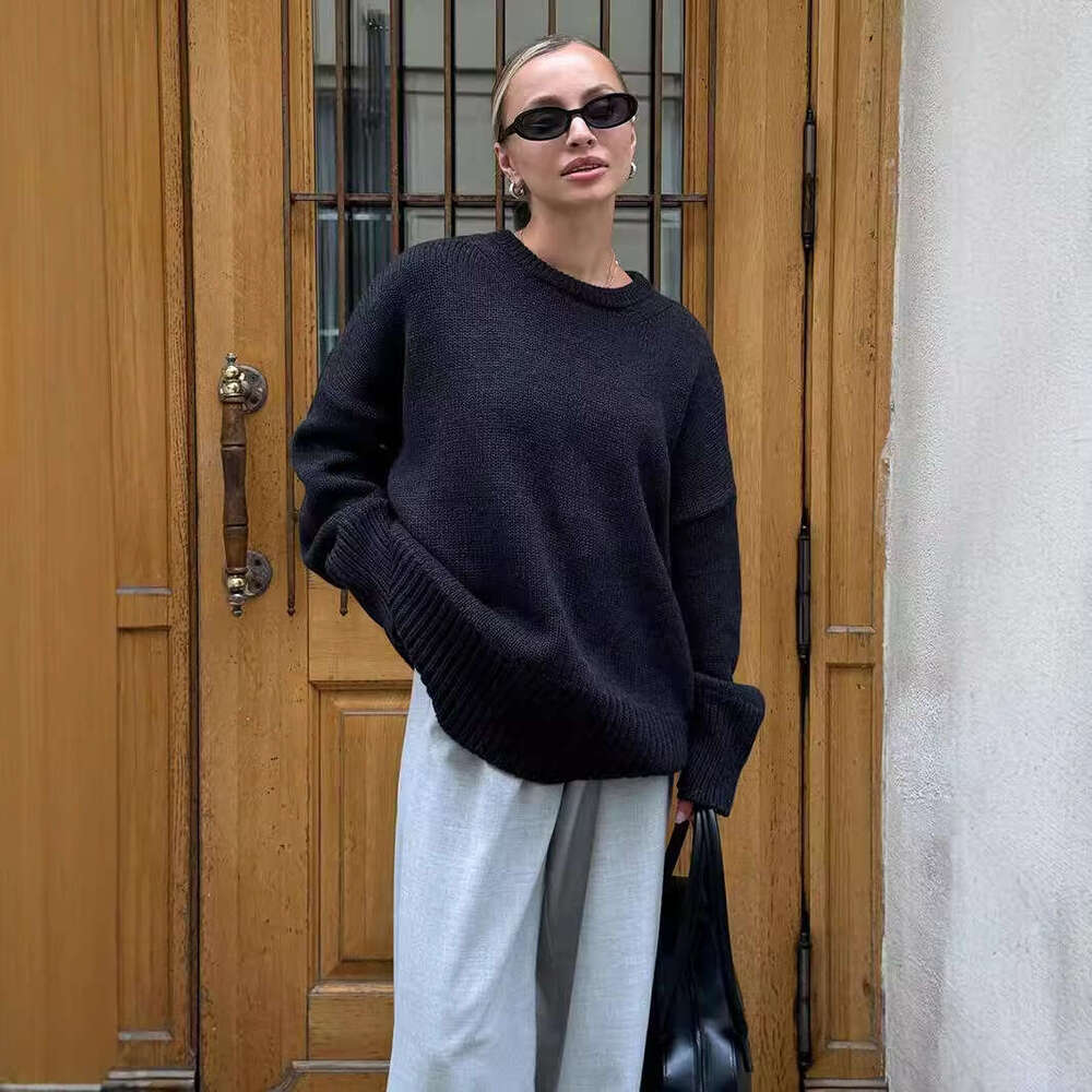 Autumn Winter New Solid Color Versatile Casual Lazy Pullover Knitted Round Neck Sweater B5