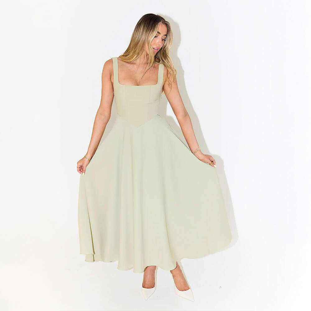 French Style Square Neck Slim Long Summer Simple Fashion Casual Sleeveless Strap Dress For Women B5