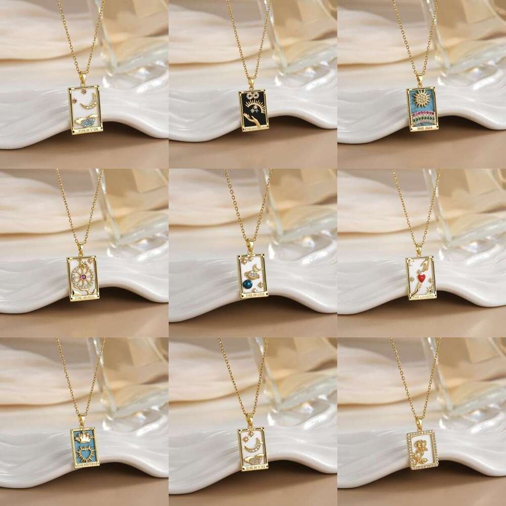 Gold-Plated Copper Tarot Card Design Pendant Mother-Of-Pearl Zodiac Necklace 012