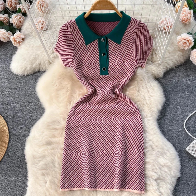 Striped Knitted Short Sundress Women Short Sleeves Elastic Sheath Sexy Dress Ladies Vacation sweet Beach Dress 250715