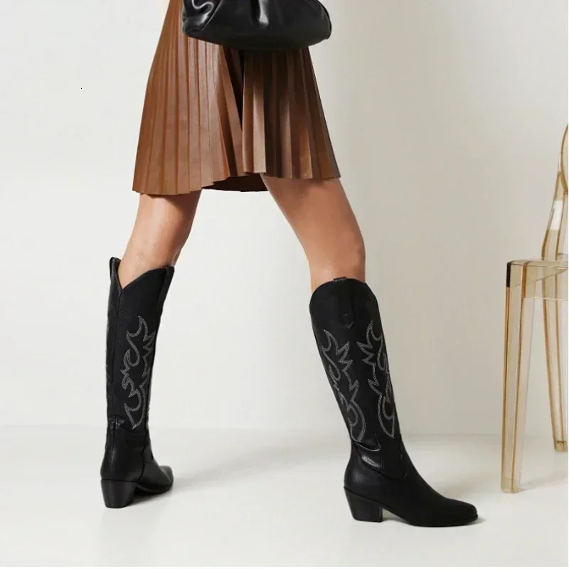 Pointed Toe Knight Boots for Women Brown PU Leather Knee High Boots Woman Autumn Winter Western Cowboy Long Botas Mujer 250716