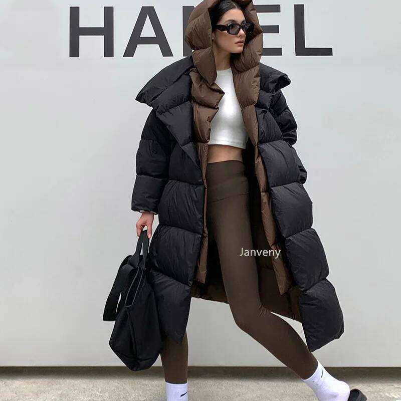 Janveny Fluffy White Duck Down Jacket Women Winter Thickness Warm Long Puffer Coat Hooded Female Fashion Fake Two-Piece Parkas MDNG